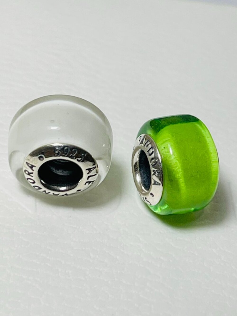 Set of 2 White & Green Mini Murano Glass Charm Pandora Charms Back to School